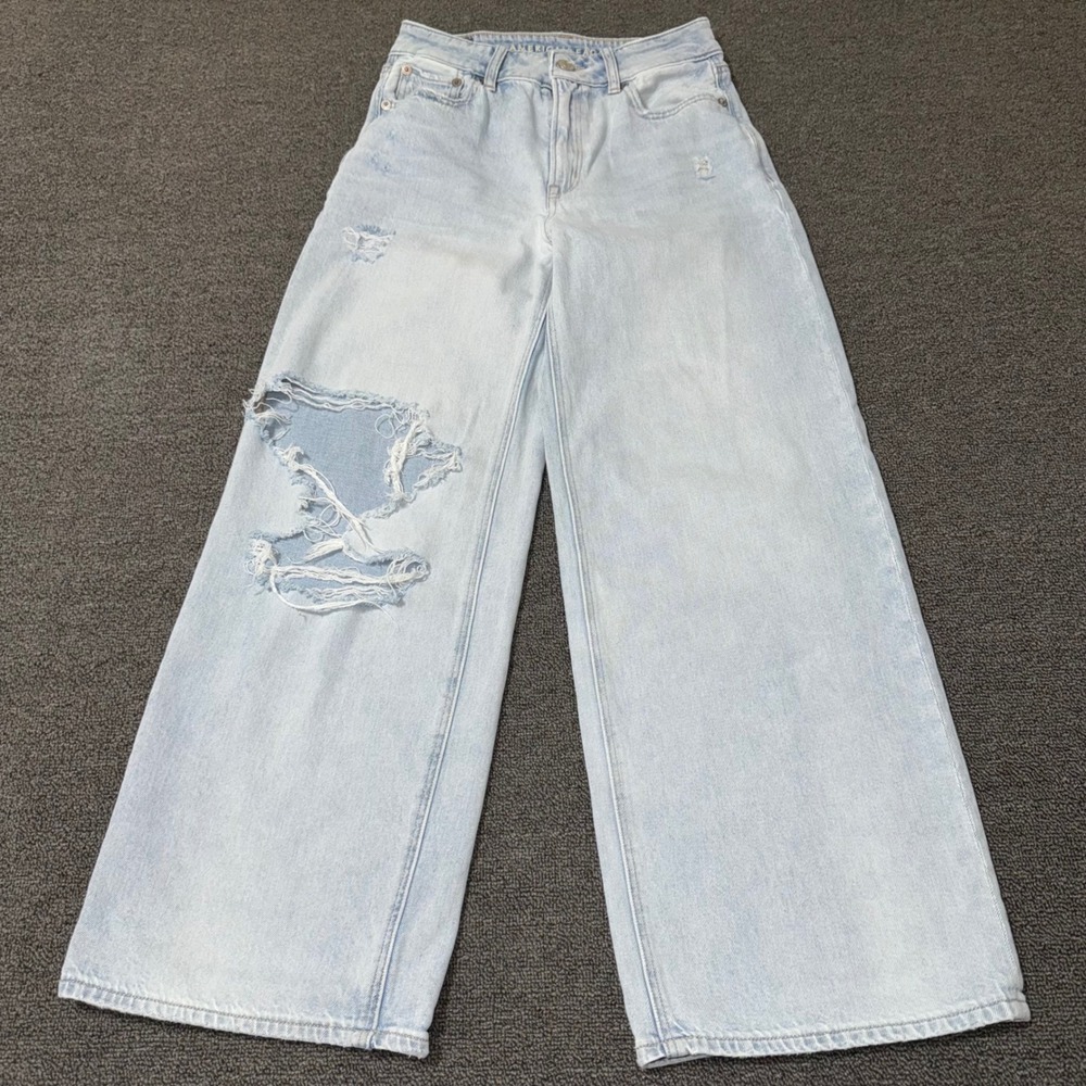 American Eagle High-Rise Baggy Wide Leg Ankle Distressed Jeans Light Wash 00